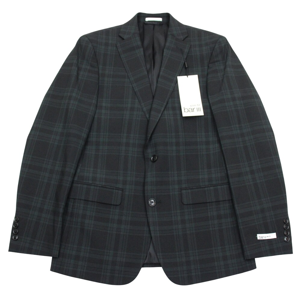Bar III Blazer Mens 36 R Black Green Plaid Slim Fit Wool Blend Sport Coat